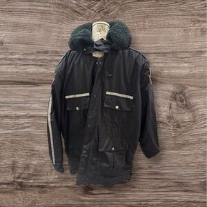 VTG Demoulin  Jacket Men's Sz XL Navy Black Full Zip Faux Fur Collar Reflective